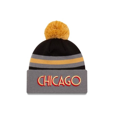 Black Chicago Bulls Hat - New Era NBA City Edition Pom Knit Beanie USA2147390